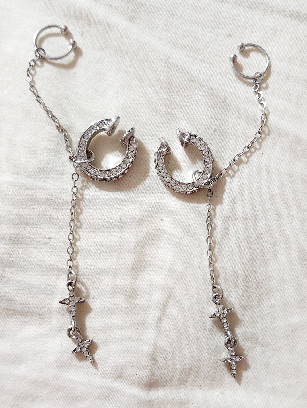 Silver Crystal Crescent Drop Earrings with Dangling Stars - Women Jewelry